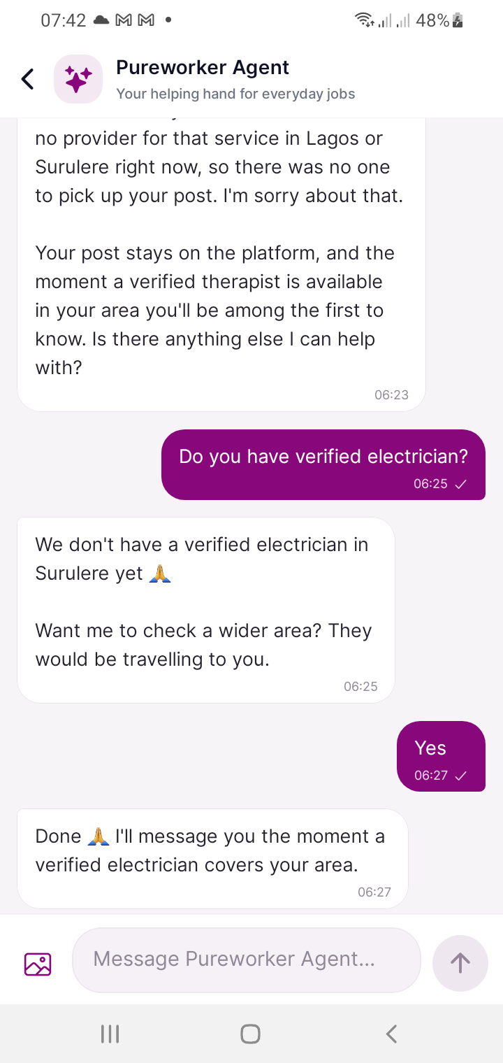 Pureworker Agent conversation in the mobile app