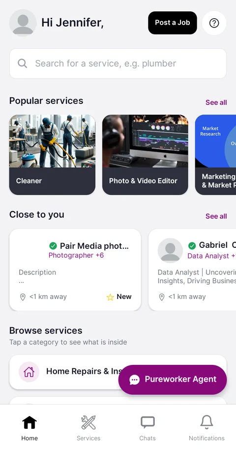 Pureworker customer home screen