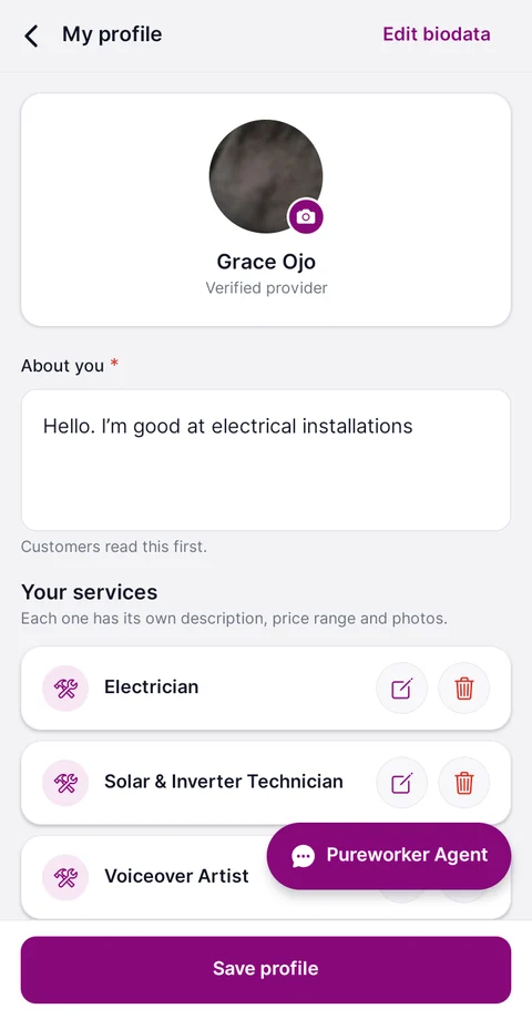 Pureworker service provider profile screen